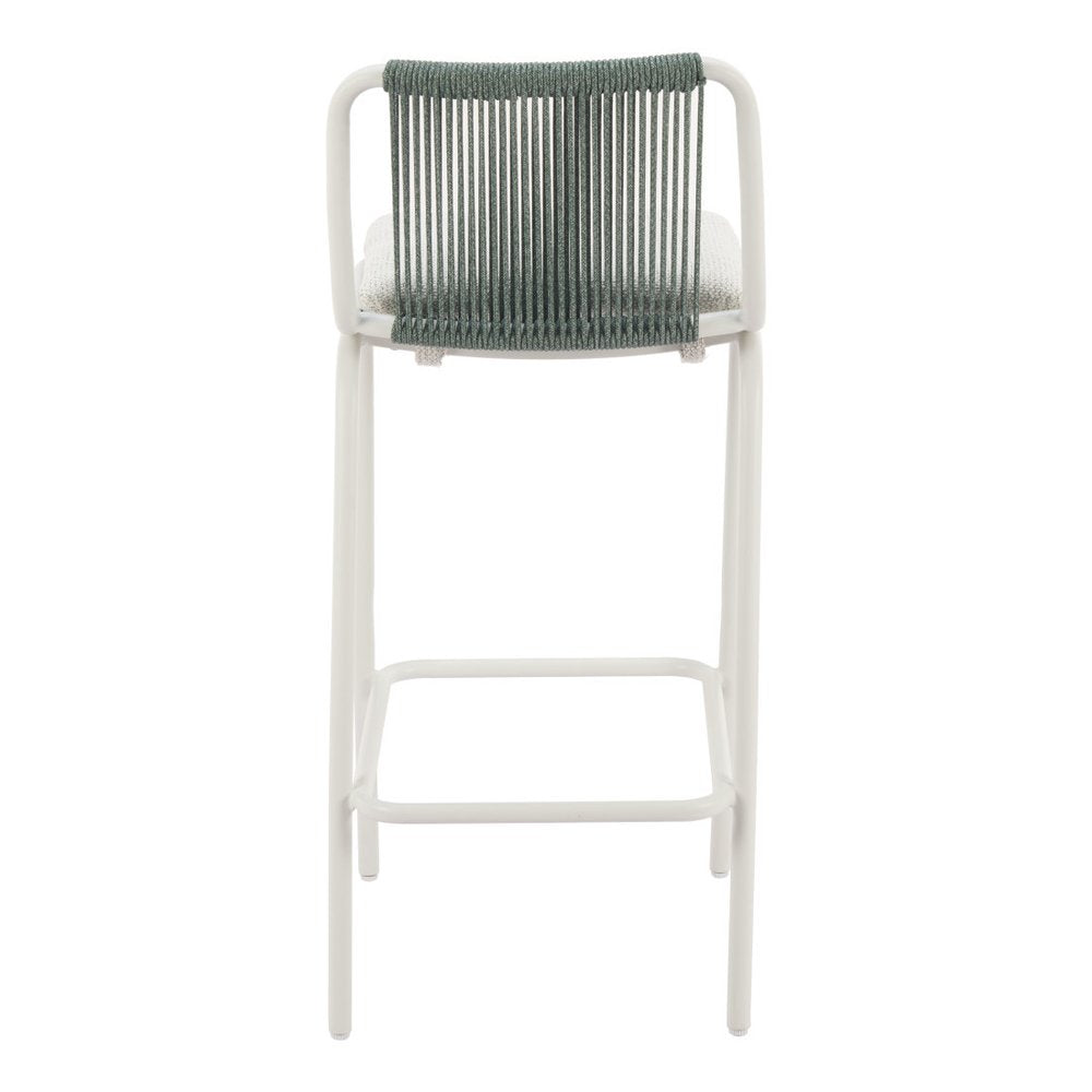 Set of Two White and Green Woven Back And Aluminum Counter Height Bar Chairs on a white background