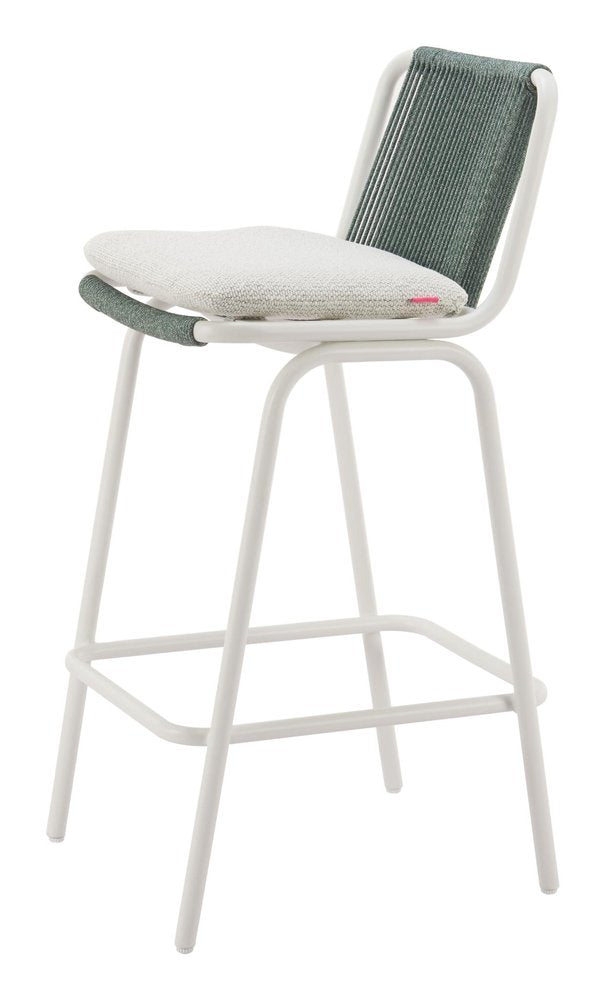 Set of Two White and Green Woven Back And Aluminum Counter Height Bar Chairs on a white background