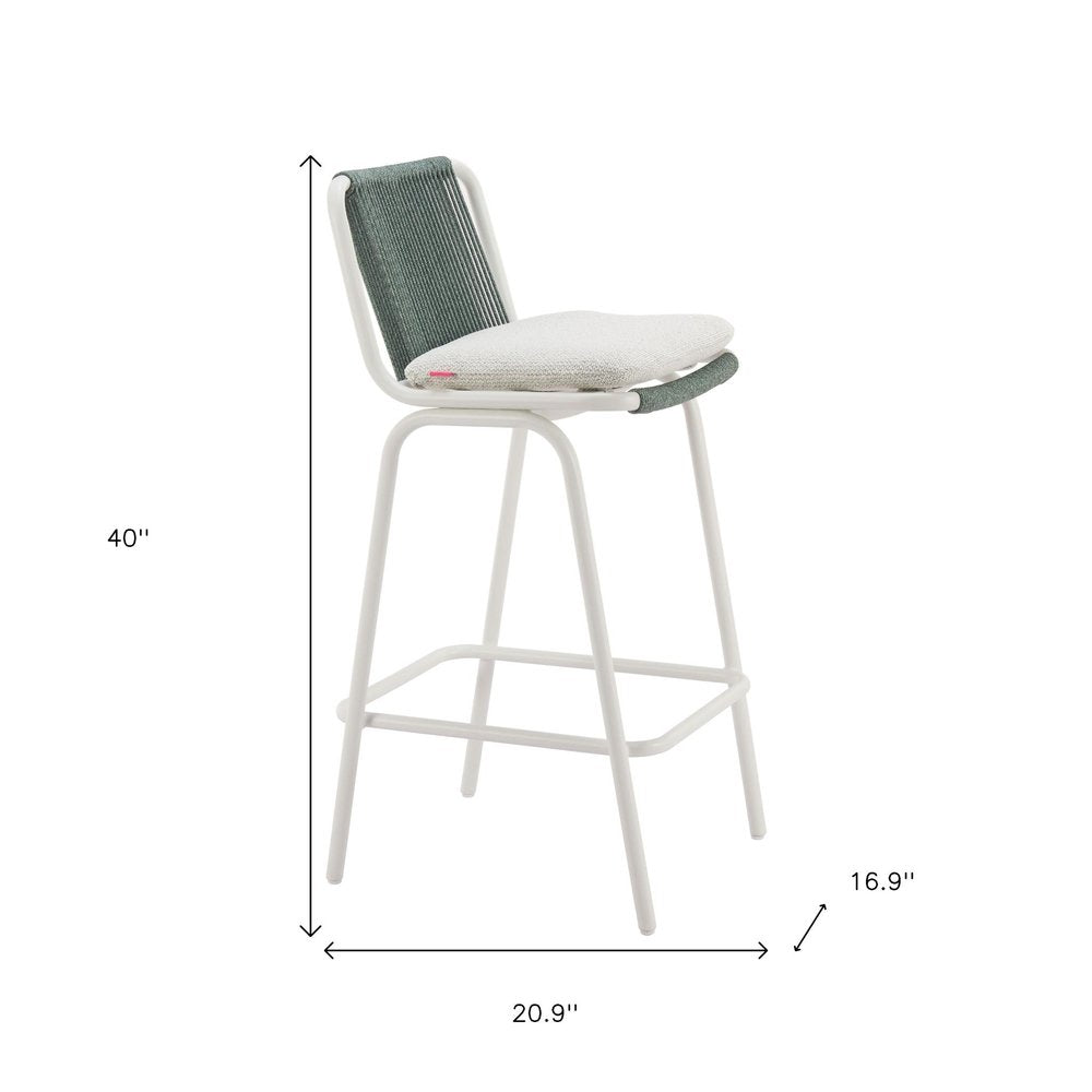 Set of Two White and Green Woven Back And Aluminum Counter Height Bar Chairs on a white background