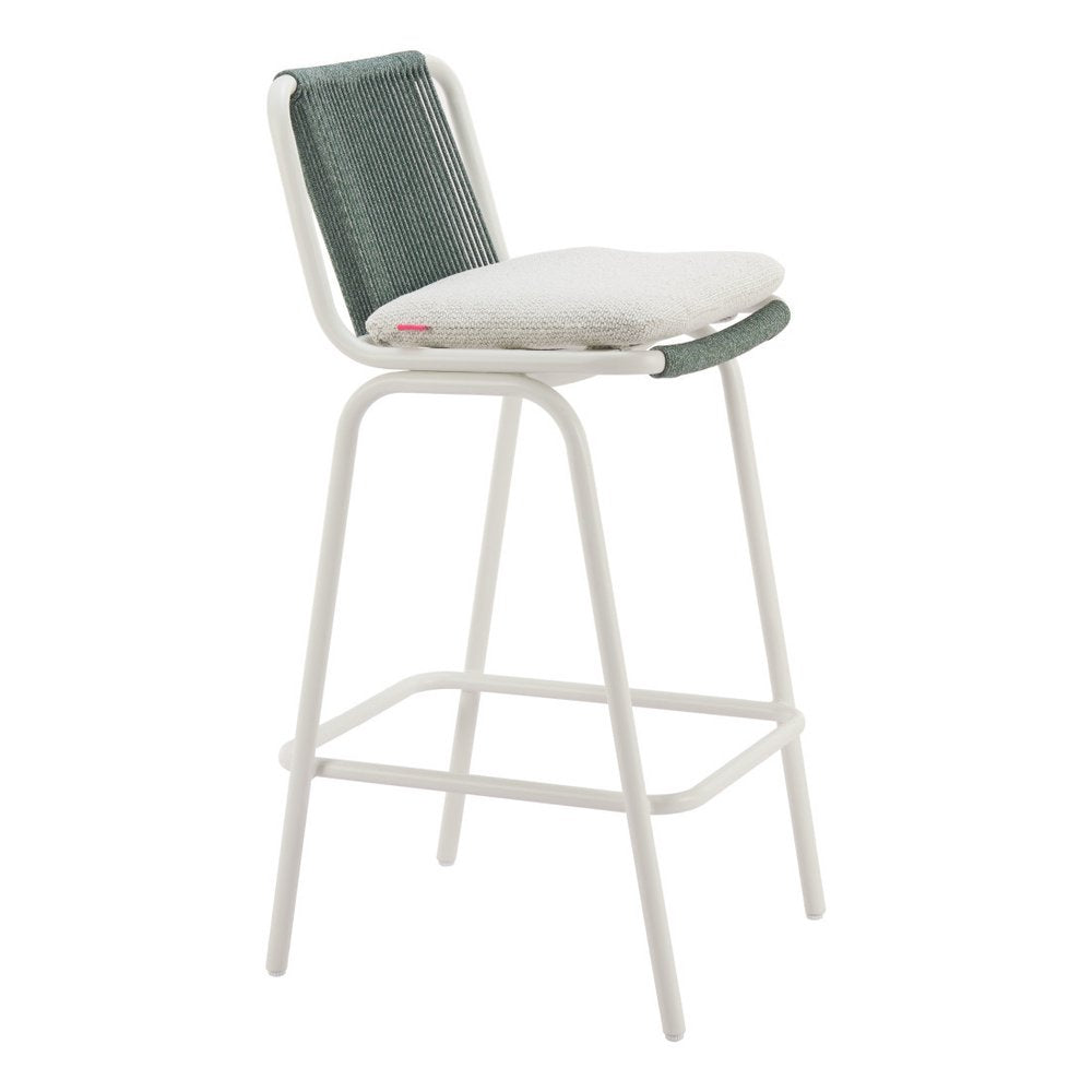 Set of Two White and Green Woven Back And Aluminum Counter Height Bar Chairs on a white background