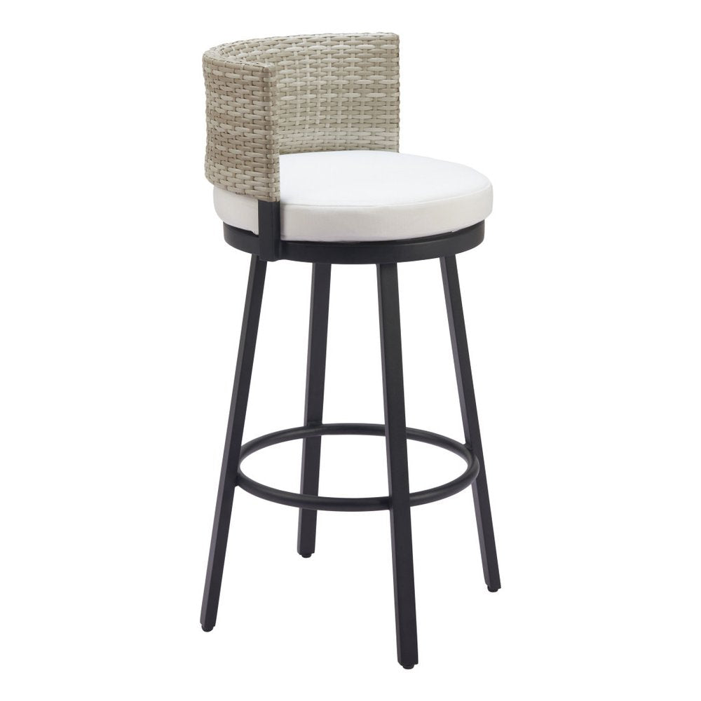 31" Black Natural and White Aluminum And Faux Rattan Swivel Bar Height Bar Chair. Outdoor bar chair isolated on a plain white background, finished in black metal.