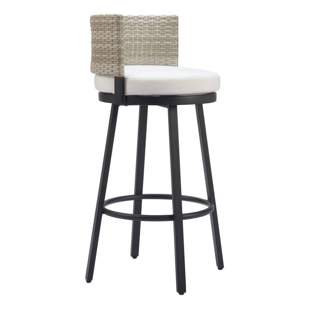 31" Black Natural and White Aluminum And Faux Rattan Swivel Bar Height Bar Chair. Outdoor bar chair isolated on a plain white background, in a black metal finish.