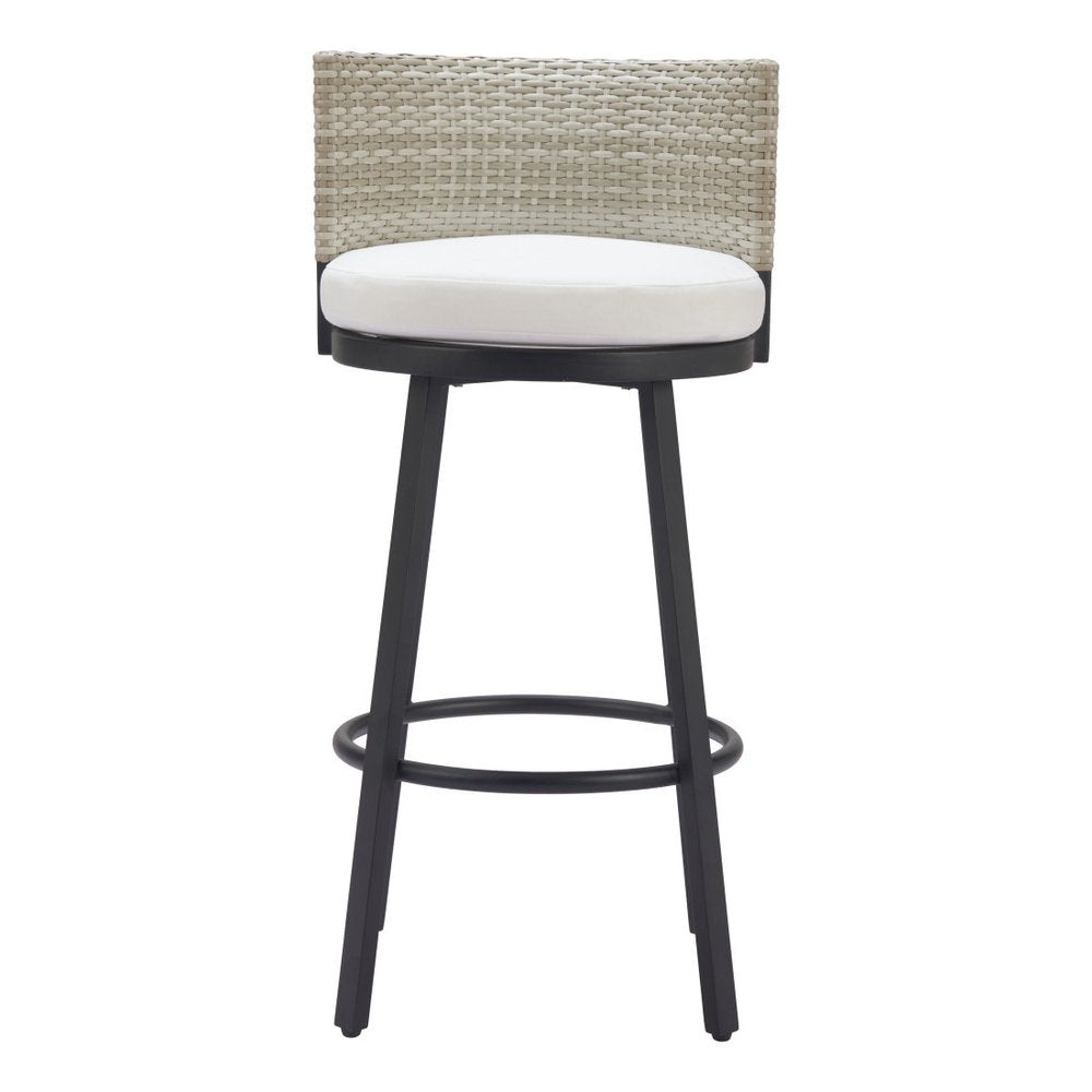 31" Black Natural and White Aluminum And Faux Rattan Swivel Bar Height Bar Chair. Outdoor bar chair isolated on a plain white background, finished in black metal.