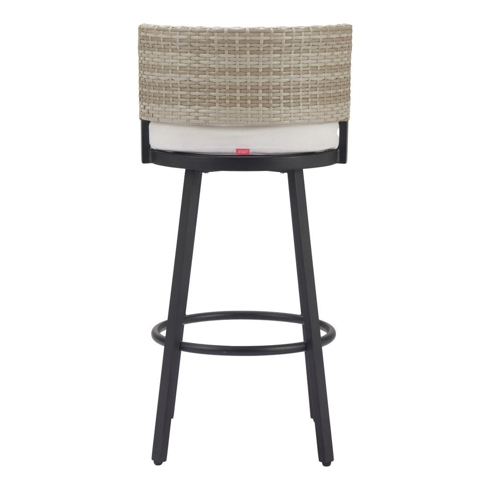 31" Black Natural and White Aluminum And Faux Rattan Swivel Bar Height Bar Chair. Outdoor bar chair isolated on a plain white background, showing a black metal surface.