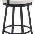 31" Black Natural and White Aluminum And Faux Rattan Swivel Bar Height Bar Chair. Outdoor bar chair isolated on a plain white background, showing a black metal surface.
