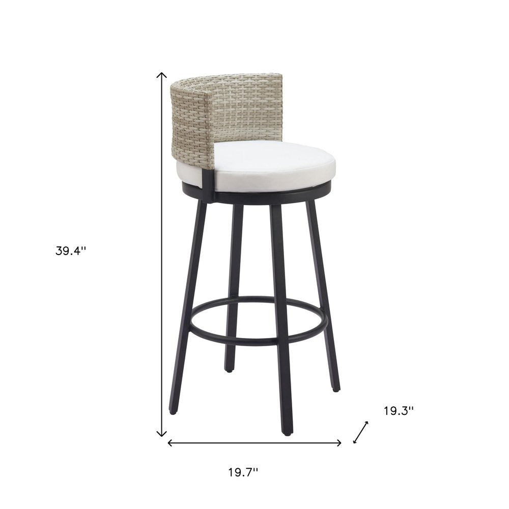 31" Black Natural and White Aluminum And Faux Rattan Swivel Bar Height Bar Chair. Outdoor bar chair isolated on a plain white background, finished in black metal.