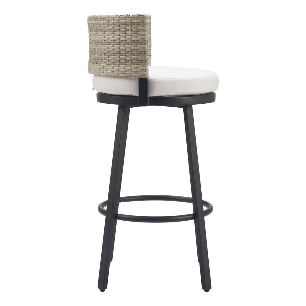 31" Black Natural and White Aluminum And Faux Rattan Swivel Bar Height Bar Chair