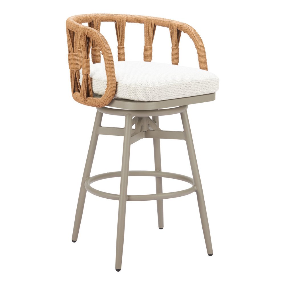 30" Gray Natural and White Aluminum And Faux Rattan Swivel Bar Height Chair. Outdoor bar chair isolated on a plain white background, finished in white metal.
