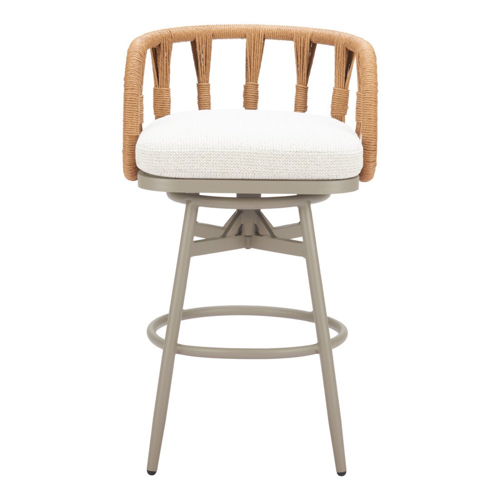 30" Gray Natural and White Aluminum And Faux Rattan Swivel Bar Height Chair. Outdoor bar chair isolated on a plain white background, showing a white metal surface.