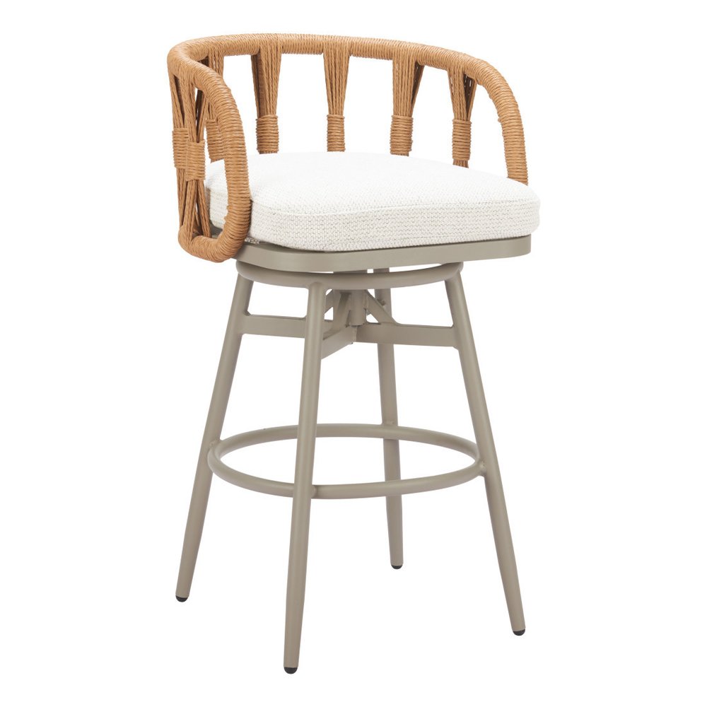 30" Gray Natural and White Aluminum And Faux Rattan Swivel Bar Height Chair. Outdoor bar chair isolated on a plain white background, in a white metal finish.