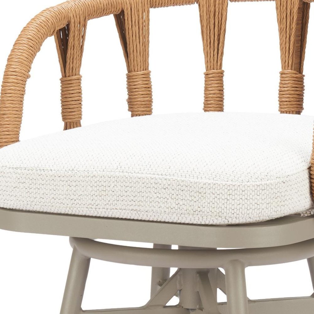 30" Gray Natural and White Aluminum And Faux Rattan Swivel Bar Height Chair. Outdoor bar chair in white metal.