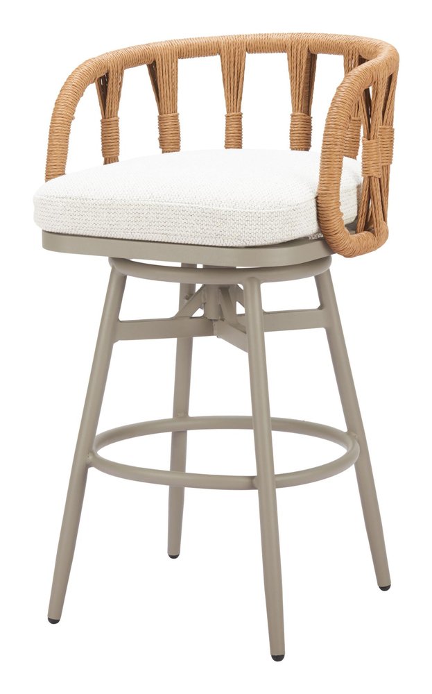 Gray aluminum swivel bar stool with white cushion and natural faux rattan back and arms.