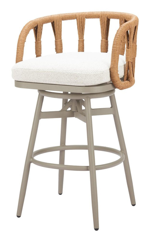 Gray aluminum swivel bar stool with white cushion and natural faux rattan back and arms.