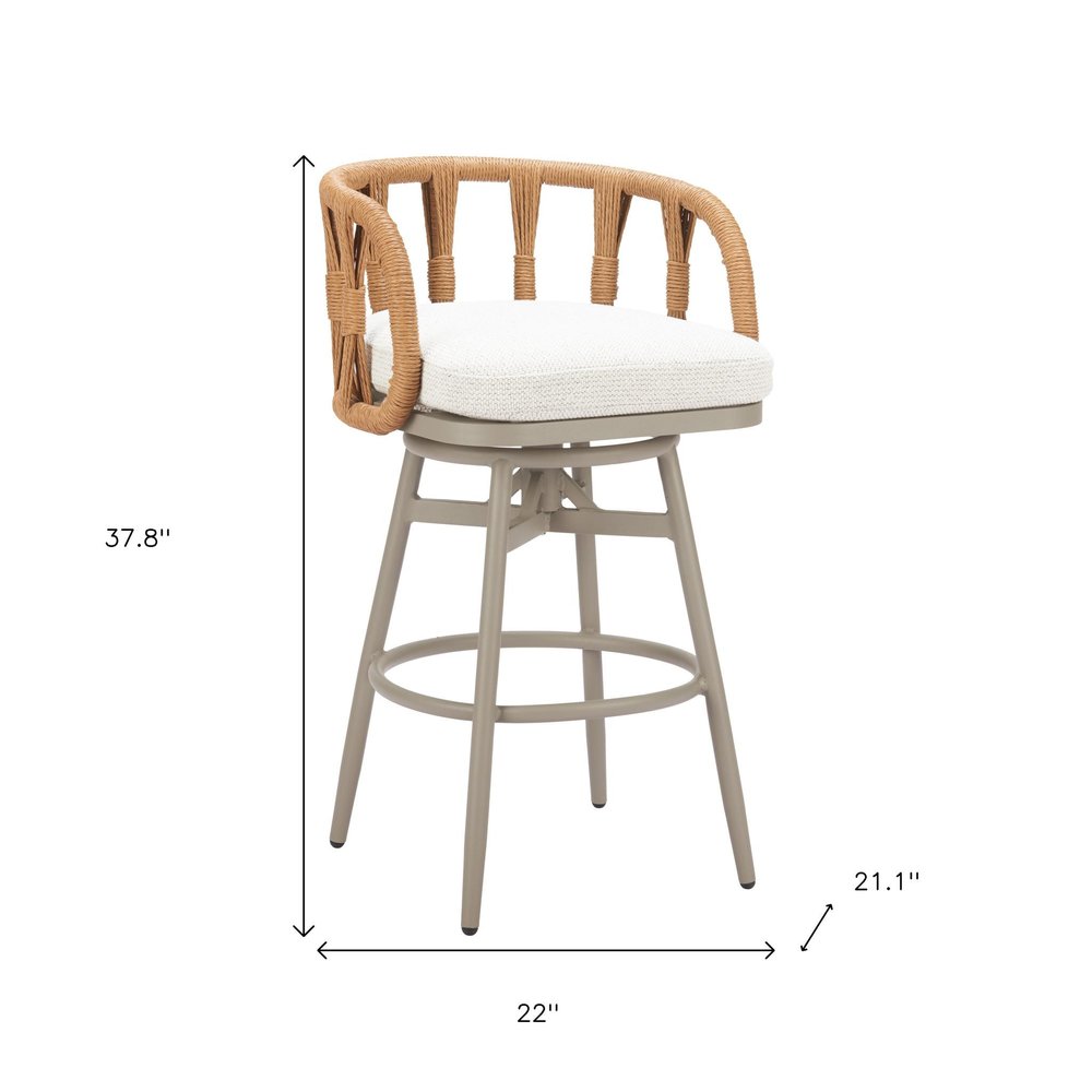 30" Gray Natural and White Aluminum And Faux Rattan Swivel Bar Height Chair. Outdoor bar chair isolated on a plain white background, in a white metal finish.