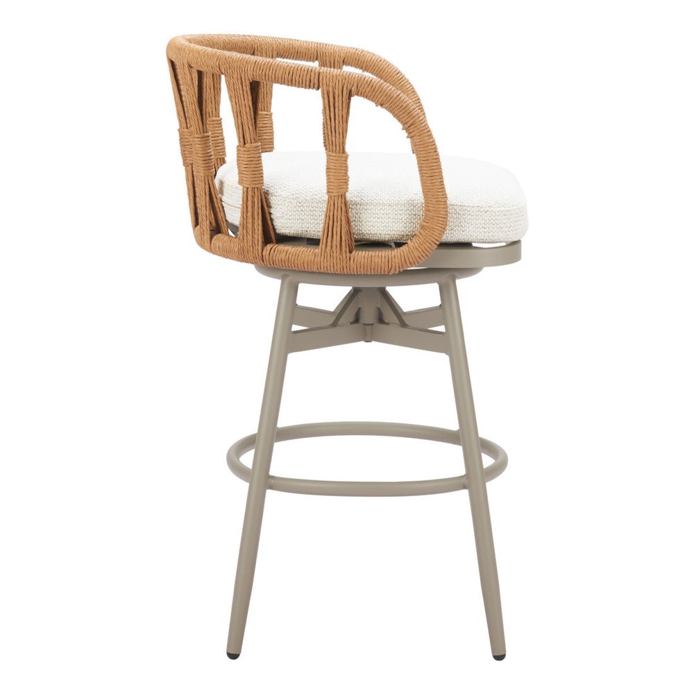 30" Gray Natural and White Aluminum And Faux Rattan Swivel Bar Height Chair. Outdoor bar chair isolated on a plain white background, in a white metal finish.