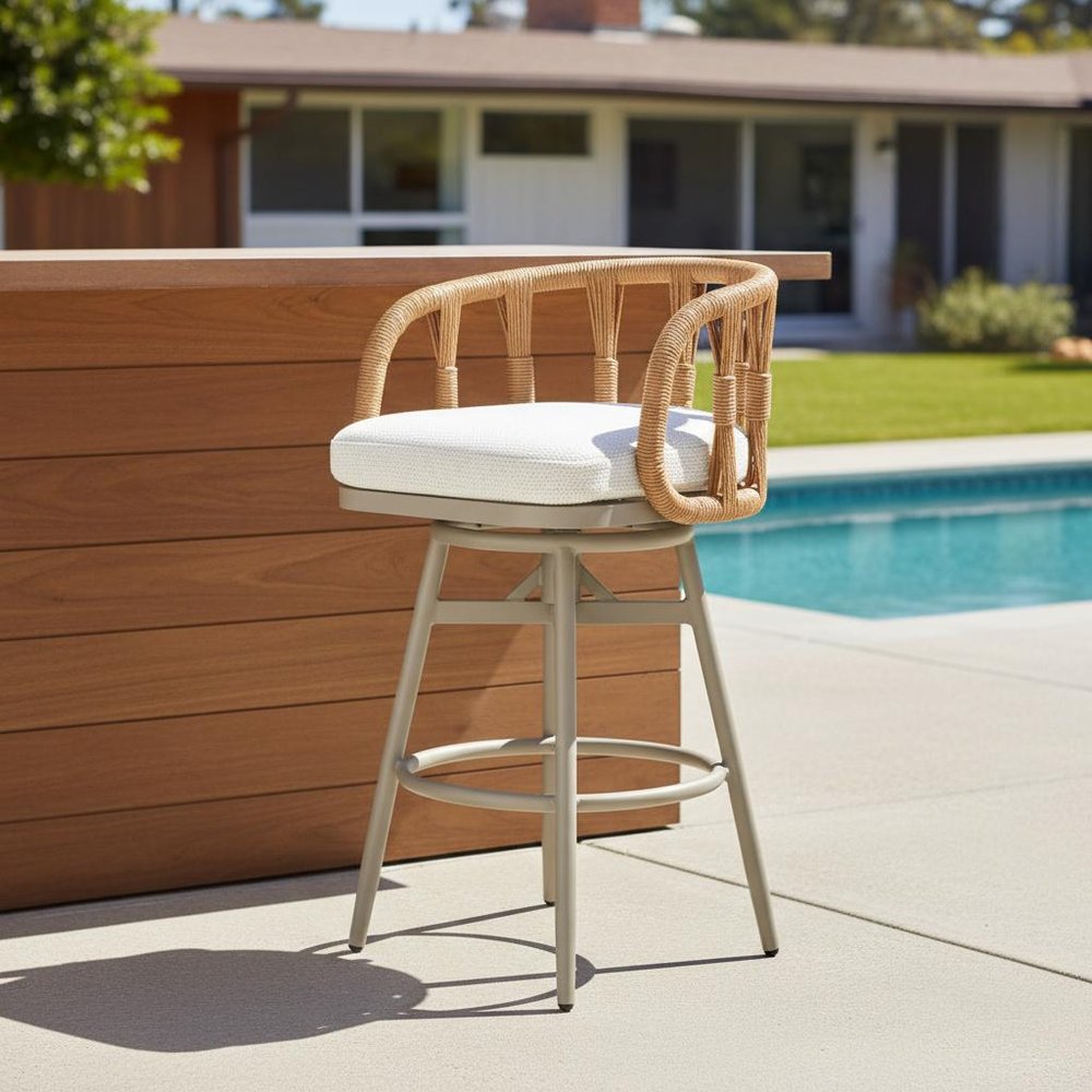 30" Gray Natural and White Aluminum And Faux Rattan Swivel Bar Height Chair styled in a furnished interior with a dark brown wall on a tiled floor.
