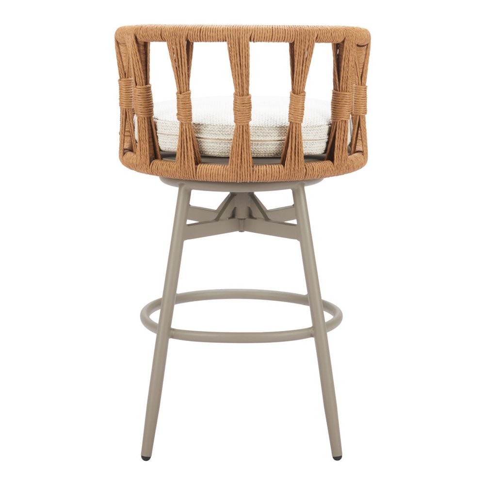 30" Gray Natural and White Aluminum And Faux Rattan Swivel Bar Height Chair. Outdoor bar chair isolated on a plain white background, finished in white metal.