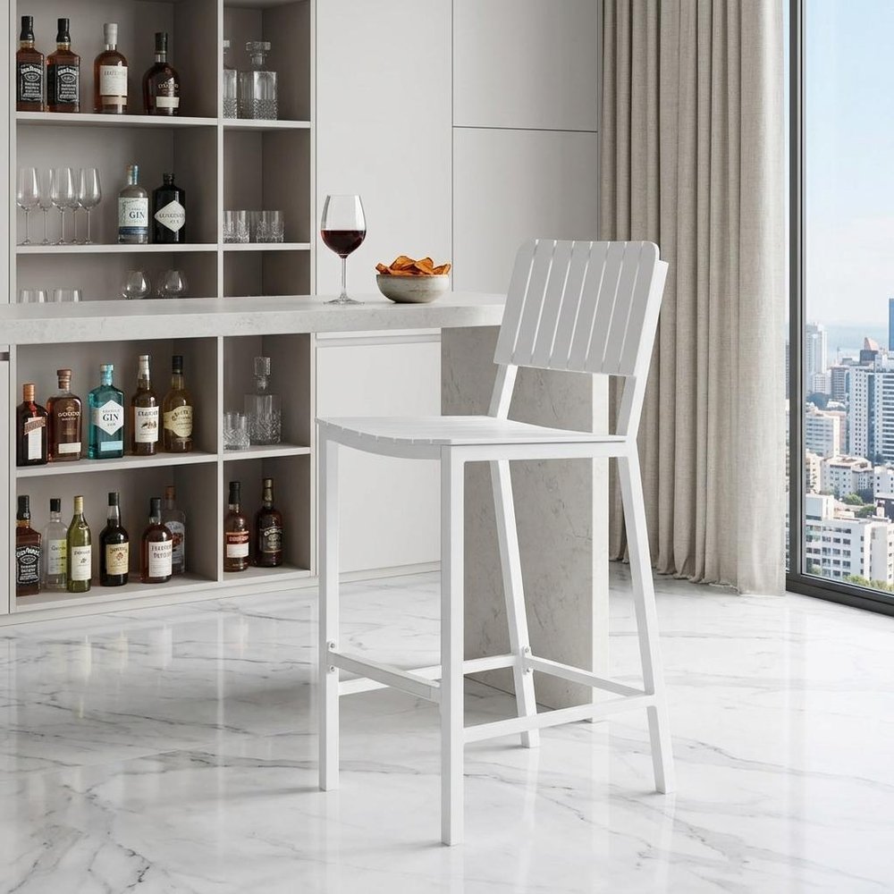 30" White Aluminum Outdoor Bar Height Chair. Outdoor bar chair in white metal.