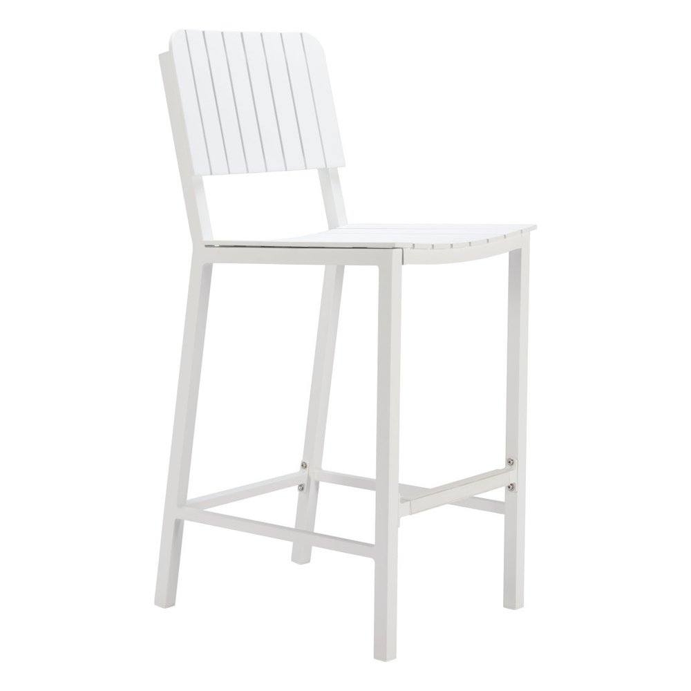 30" White Aluminum Outdoor Bar Height Chair. Outdoor bar chair isolated on a plain white background, finished in white metal.