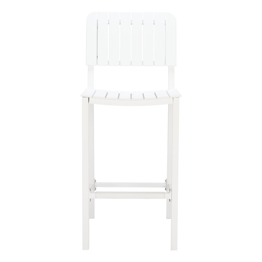 30" White Aluminum Outdoor Bar Height Chair. Outdoor bar chair isolated on a plain white background, in a white metal finish.