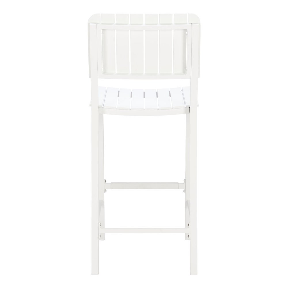 30" White Aluminum Outdoor Bar Height Chair. Outdoor bar chair isolated on a plain white background, finished in white metal.