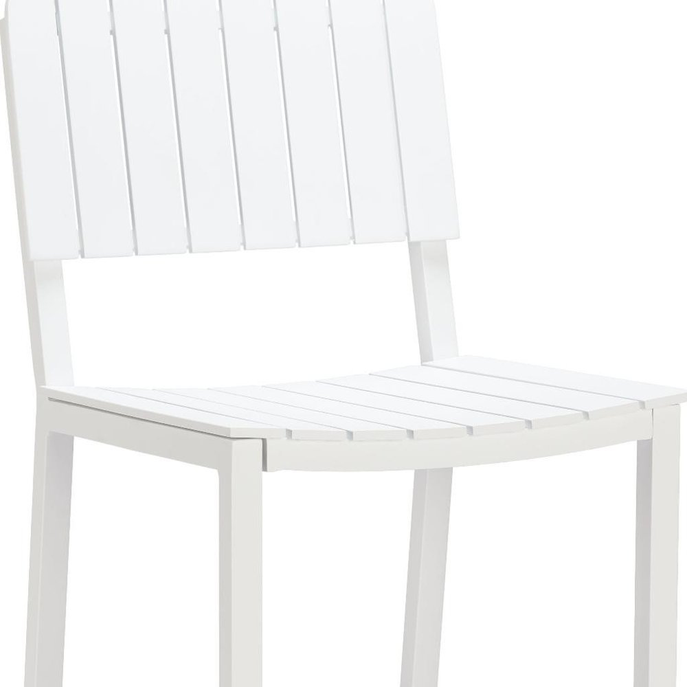 30" White Aluminum Outdoor Bar Height Chair. Outdoor bar chair isolated on a plain white background, showing a white metal surface.