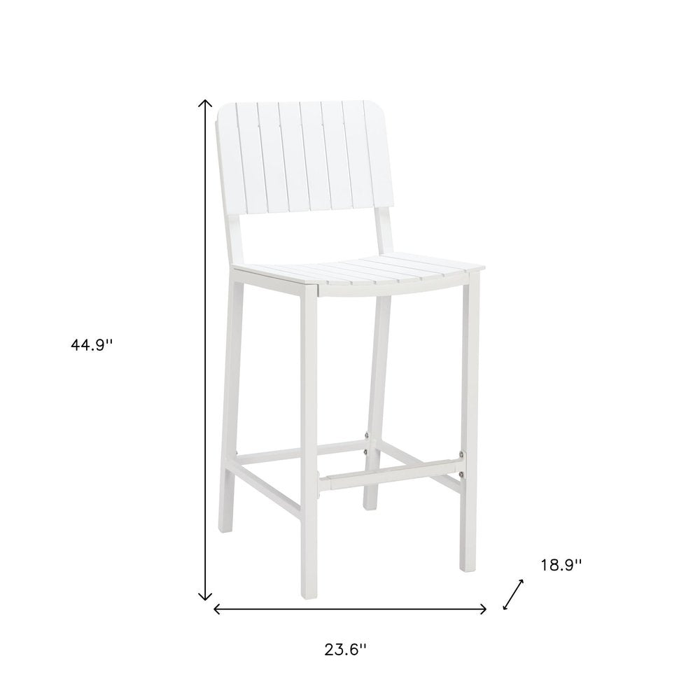 30" White Aluminum Outdoor Bar Height Chair. Outdoor bar chair isolated on a plain white background, in a white metal finish.