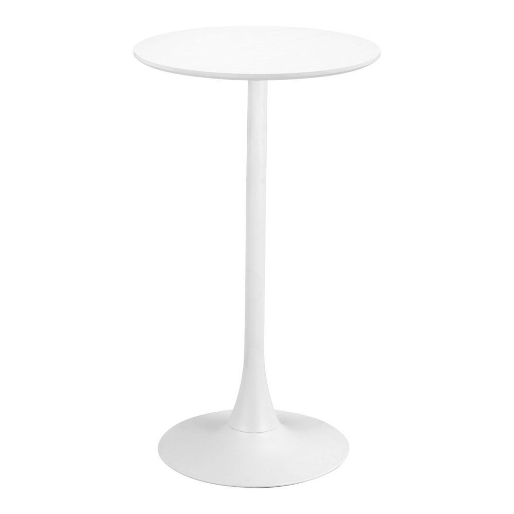 24" White Wood and Steel Rounded Bar Table. Bar & restaurant table isolated on a plain white background, finished in white metal.