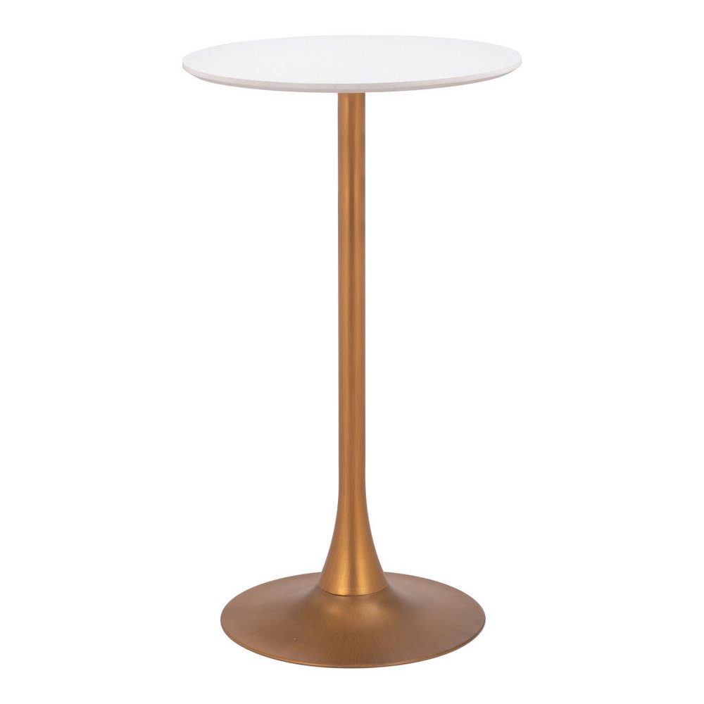 24" White and Gold Wood and Steel Rounded Bar Table. Bar & restaurant table isolated on a plain white background, showing a gold metal surface.