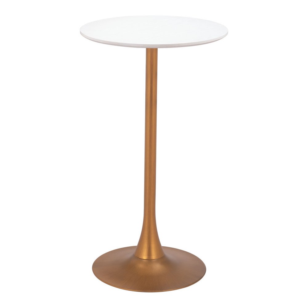 24" White and Gold Wood and Steel Rounded Bar Table. Bar & restaurant table isolated on a plain white background, in a gold metal finish.