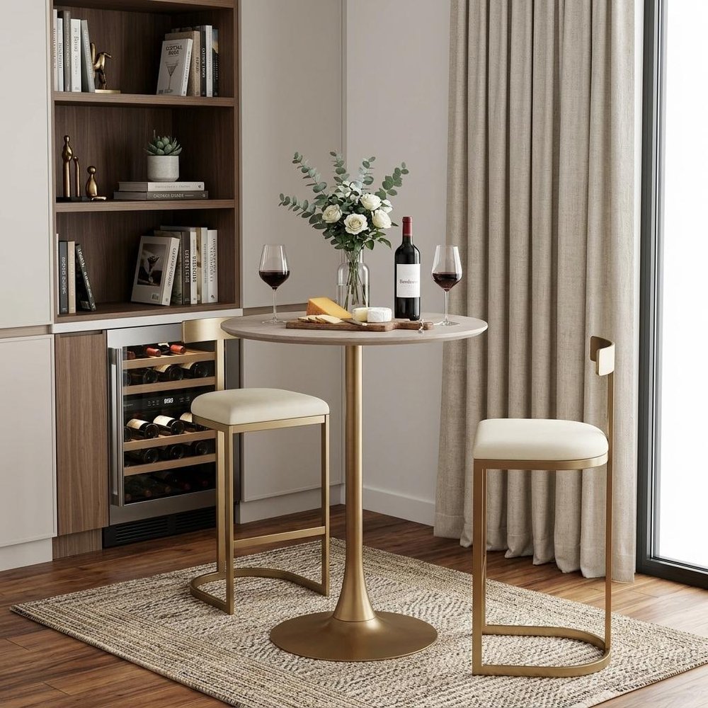 24" White and Gold Wood and Steel Rounded Bar Table. Bar & restaurant table in gold metal.