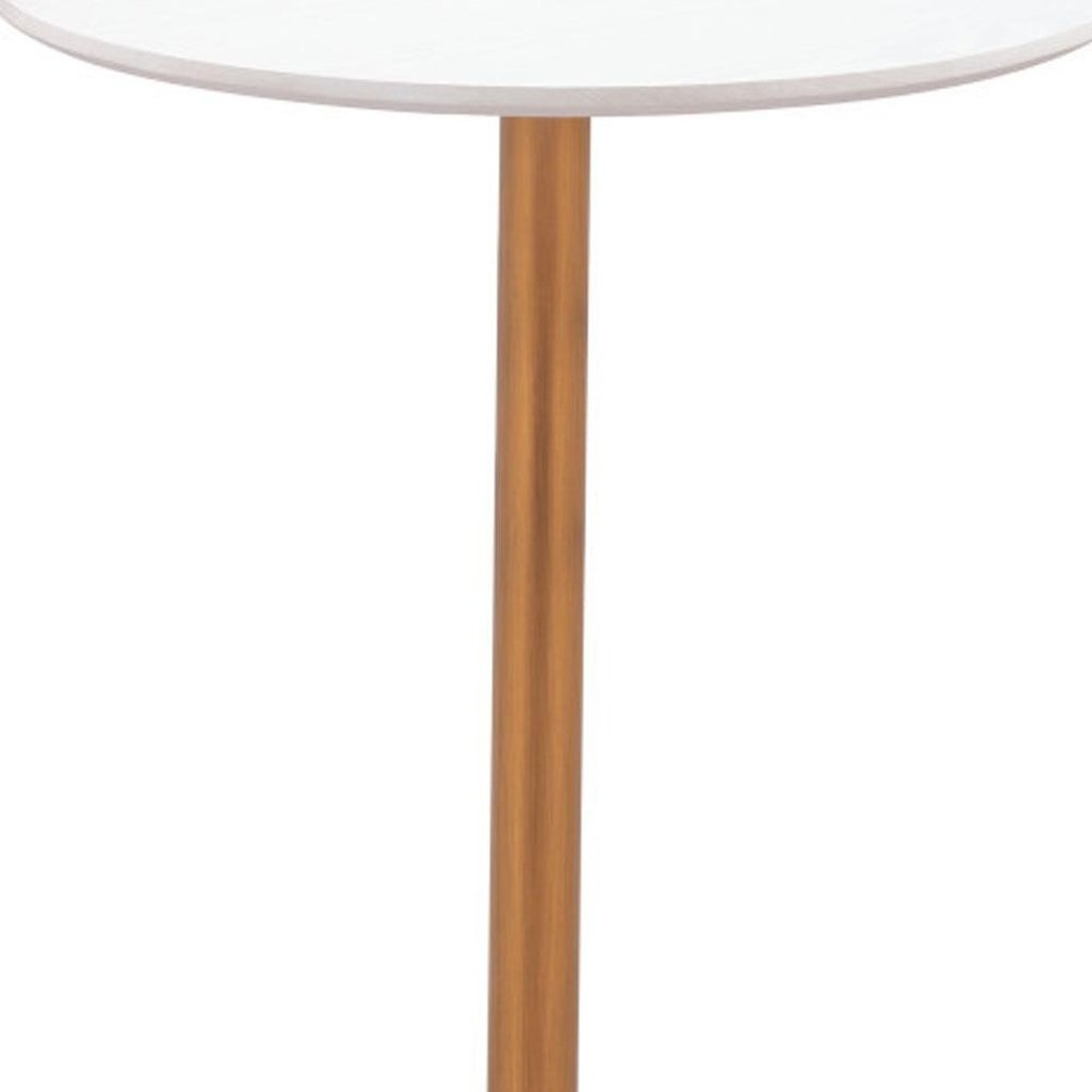 24" White and Gold Wood and Steel Rounded Bar Table. Bar & restaurant table isolated on a plain white background, showing a gold metal surface.