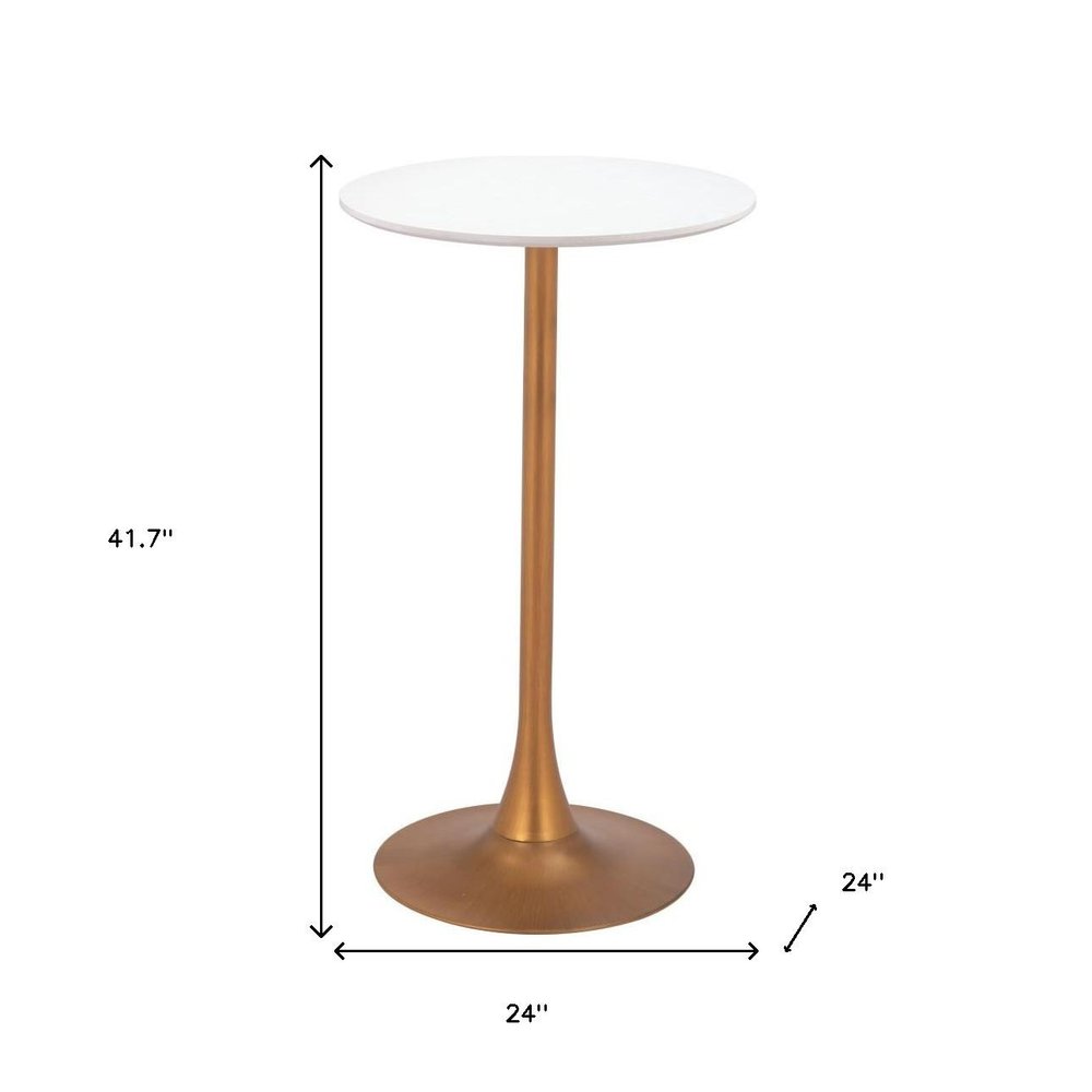 24" White and Gold Wood and Steel Rounded Bar Table. Bar & restaurant table isolated on a plain white background, finished in white metal.