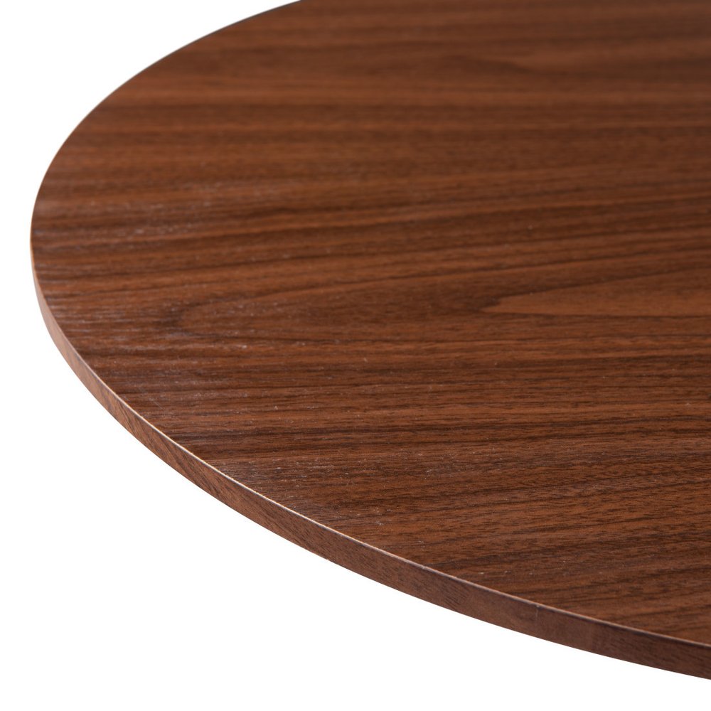 24" Brown and Black Wood and Steel Rounded Bar Table. Bar & restaurant table isolated on a plain white background, showing a black metal surface.