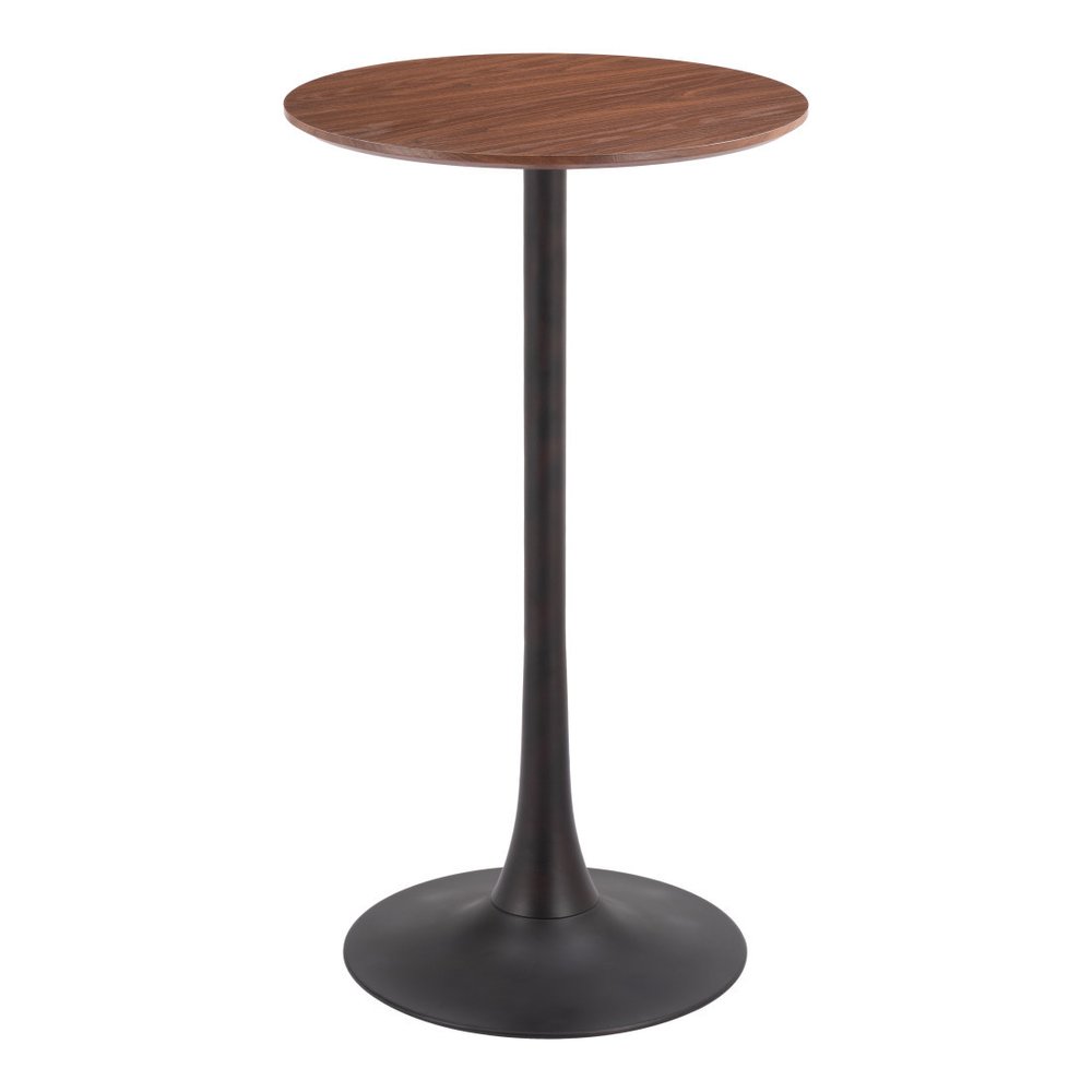 24" Brown and Black Wood and Steel Rounded Bar Table. Bar & restaurant table isolated on a plain white background, finished in black metal.
