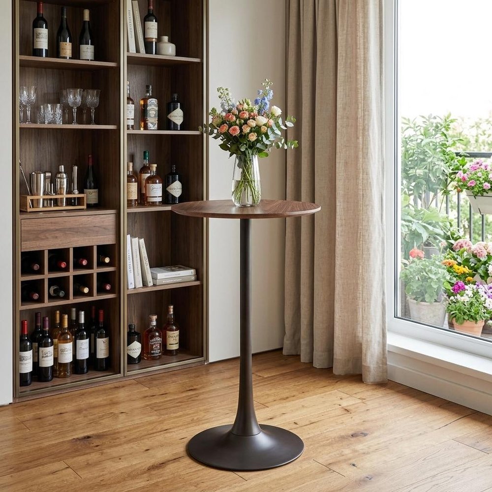 24" Brown and Black Wood and Steel Rounded Bar Table. Bar & restaurant table in black metal.