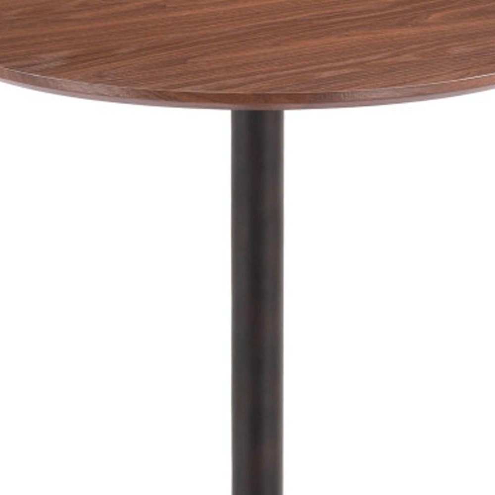Round brown wood bar table with a black steel pedestal base against a white background.