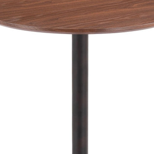 Round brown wood bar table with a black steel pedestal base against a white background.