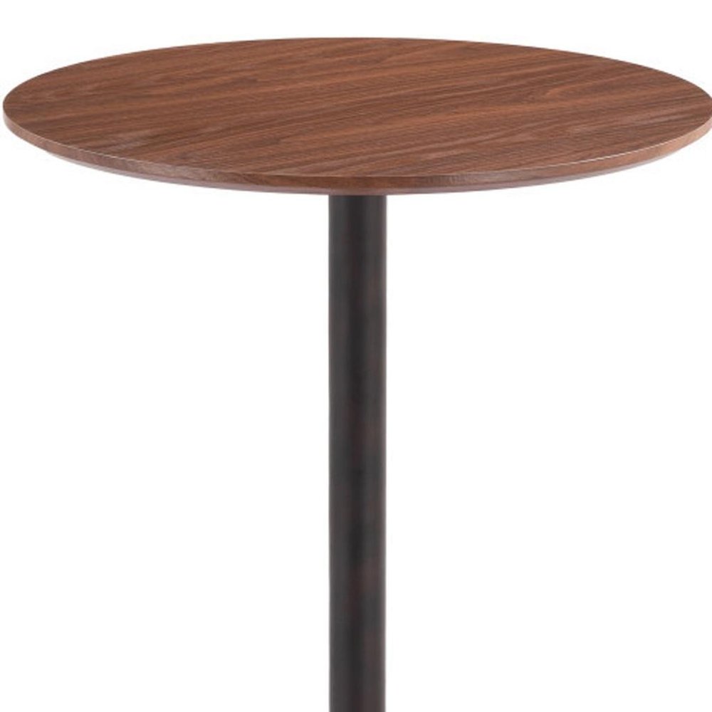 24" Brown and Black Wood and Steel Rounded Bar Table. Bar & restaurant table isolated on a plain white background, finished in black metal.