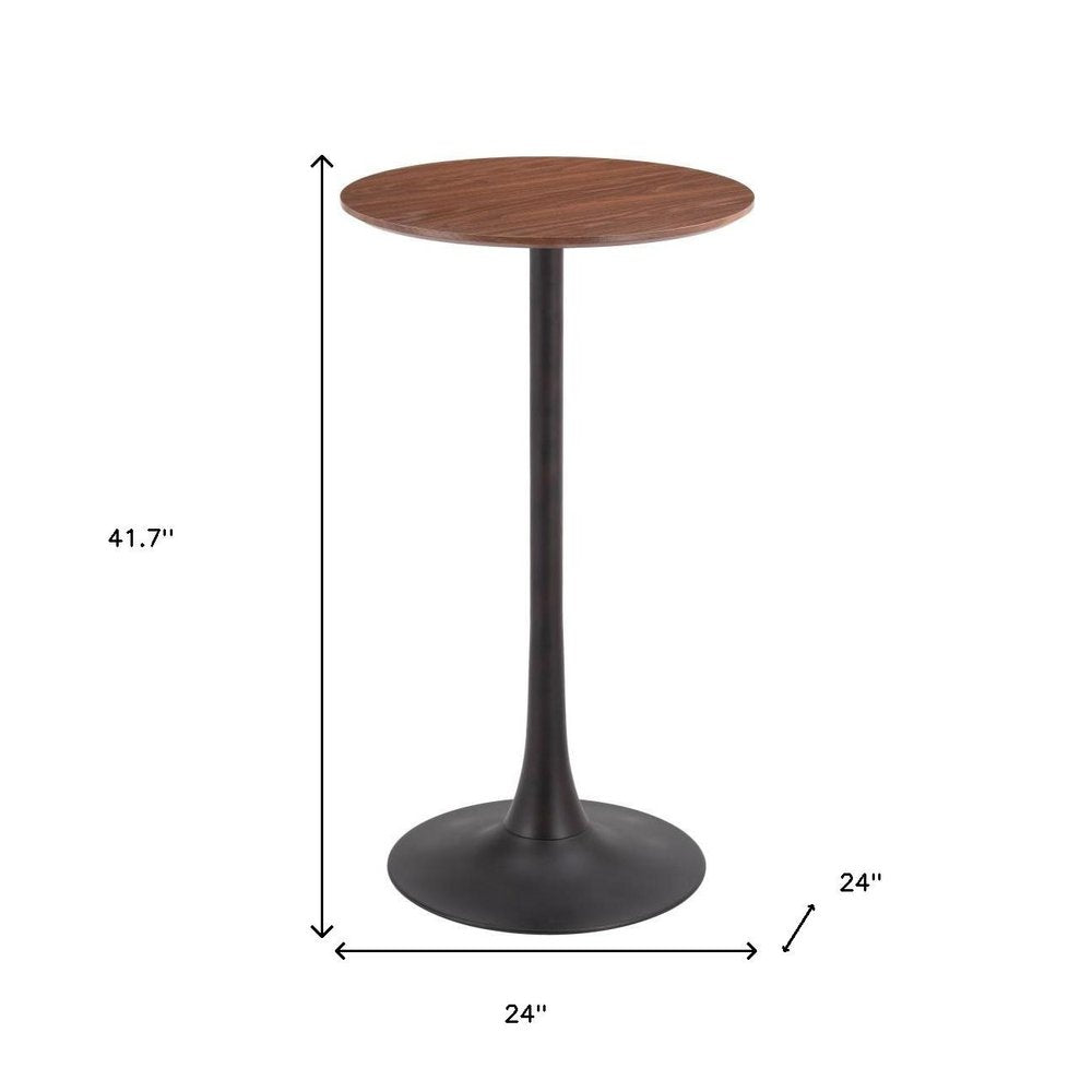24" Brown and Black Wood and Steel Rounded Bar Table. Bar & restaurant table isolated on a plain white background, showing a black metal surface.
