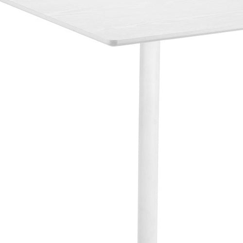 Close-up of a white wood and steel square bar table with a white cylindrical leg against a white background.
