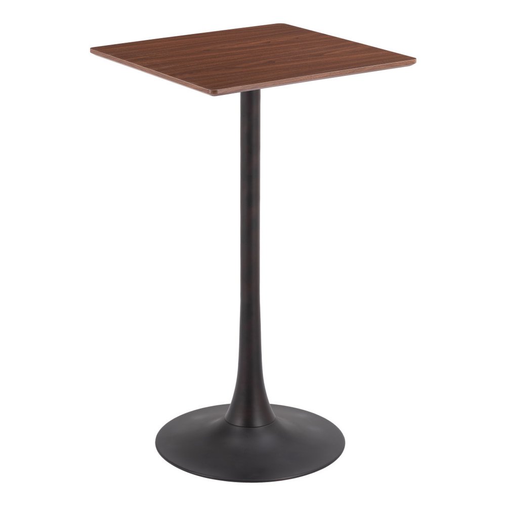 24" Brown and Black Wood and Steel Square Bar Table. Bar & restaurant table isolated on a plain white background, finished in black metal.