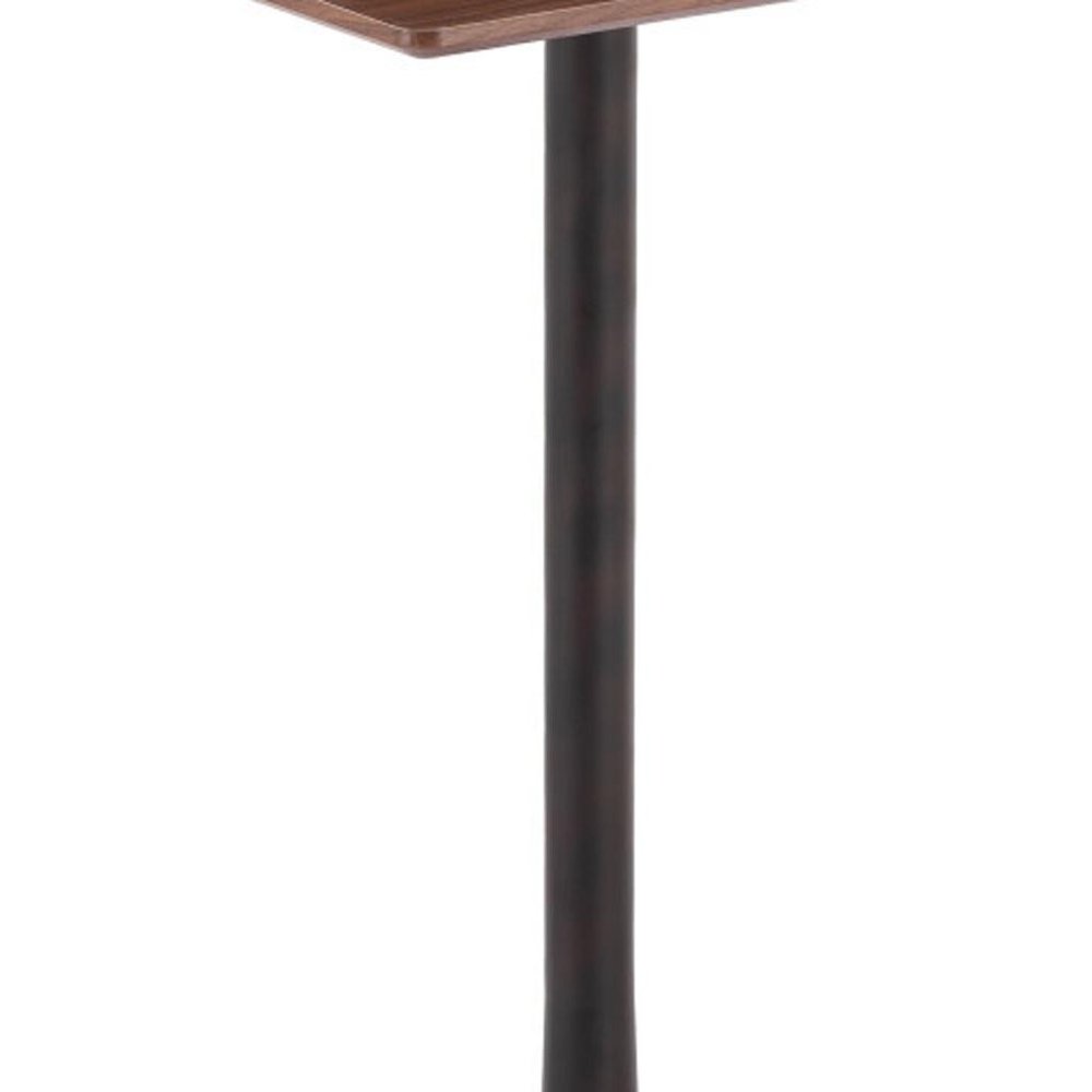 A square bar table with a brown wood top and a dark metal pedestal base against a white background.
