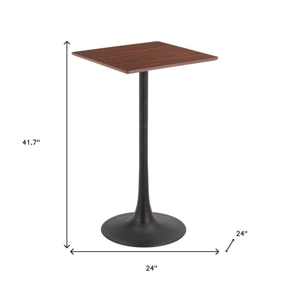 24" Brown and Black Wood and Steel Square Bar Table. Bar & restaurant table isolated on a plain white background, showing a black metal surface.