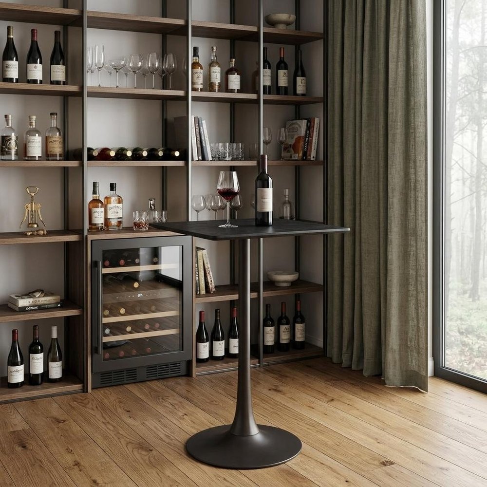 24" Black Wood and Steel Square Bar Table styled in a furnished interior with a dark brown wall on a wood floor.
