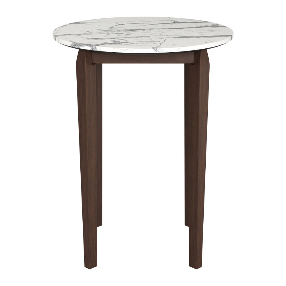 32" White and Brown Faux Marble and Solid Wood Rounded Bar Table. Bar & restaurant table isolated on a plain white background, in a white wood finish.