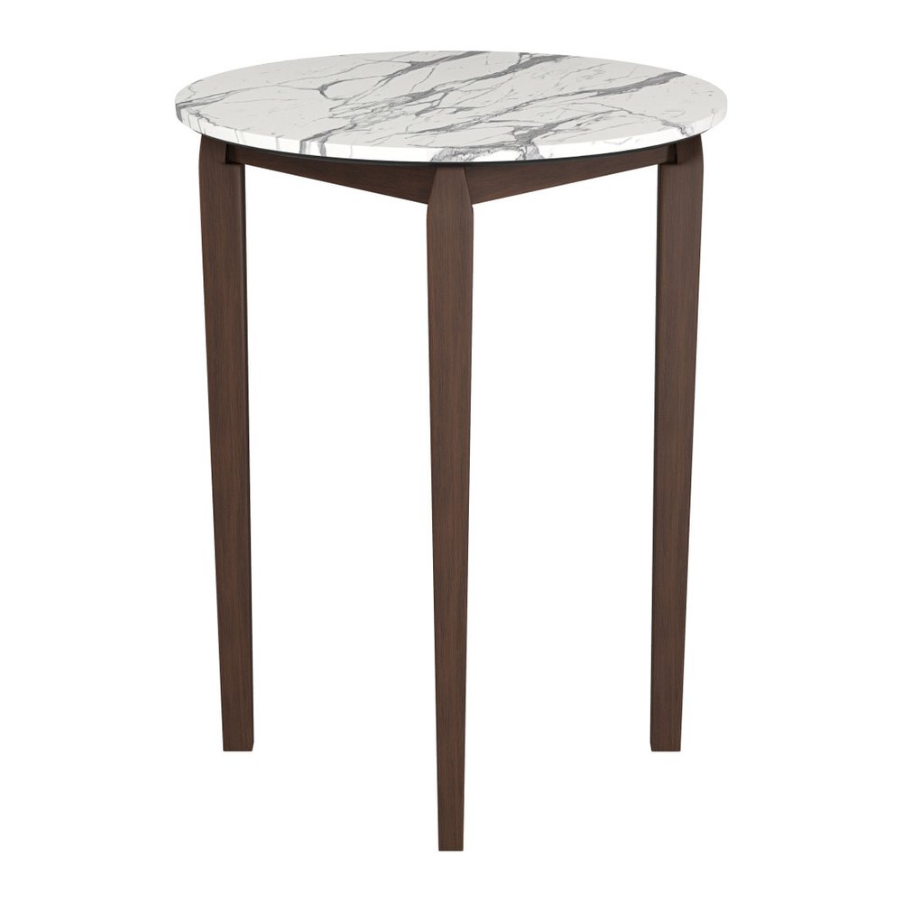 32" White and Brown Faux Marble and Solid Wood Rounded Bar Table. Bar & restaurant table isolated on a plain white background, finished in white wood.