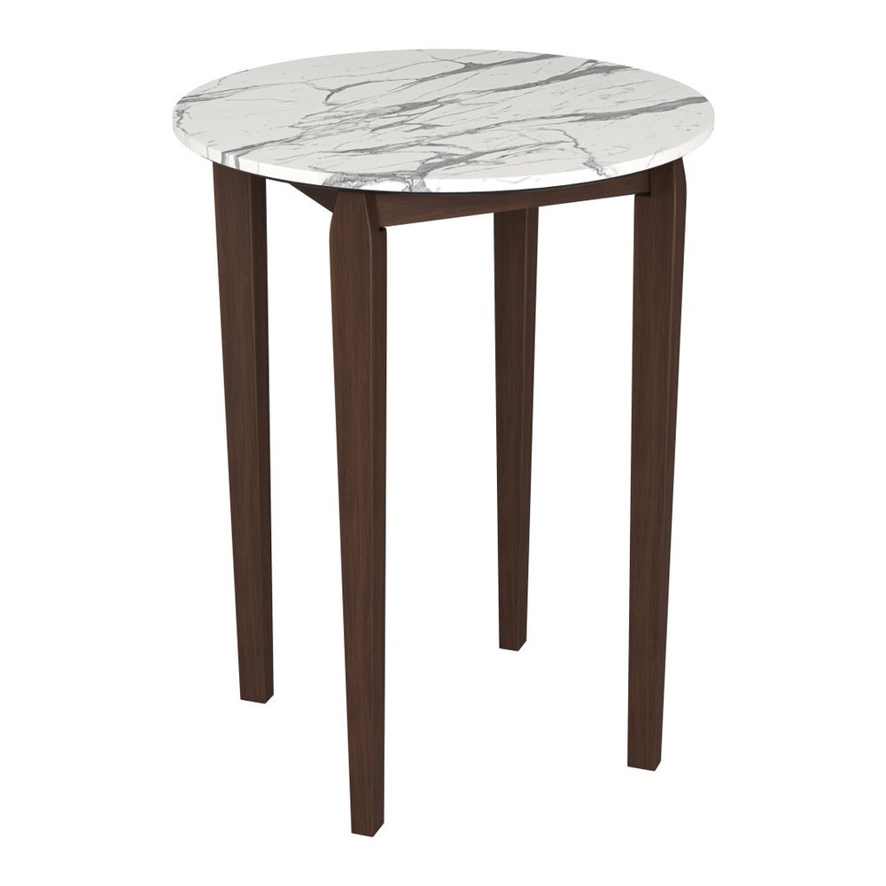 32" White and Brown Faux Marble and Solid Wood Rounded Bar Table. Bar & restaurant table isolated on a plain white background, in a white wood finish.