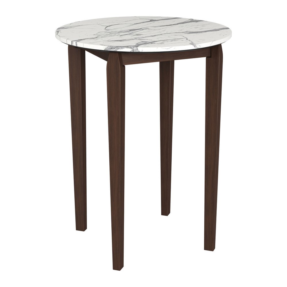 32" White and Brown Faux Marble and Solid Wood Rounded Bar Table. Bar & restaurant table isolated on a plain white background, finished in white wood.