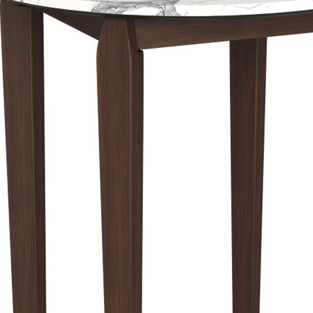 32" White and Brown Faux Marble and Solid Wood Rounded Bar Table. Bar & restaurant table isolated on a plain white background, showing a brown wood surface.